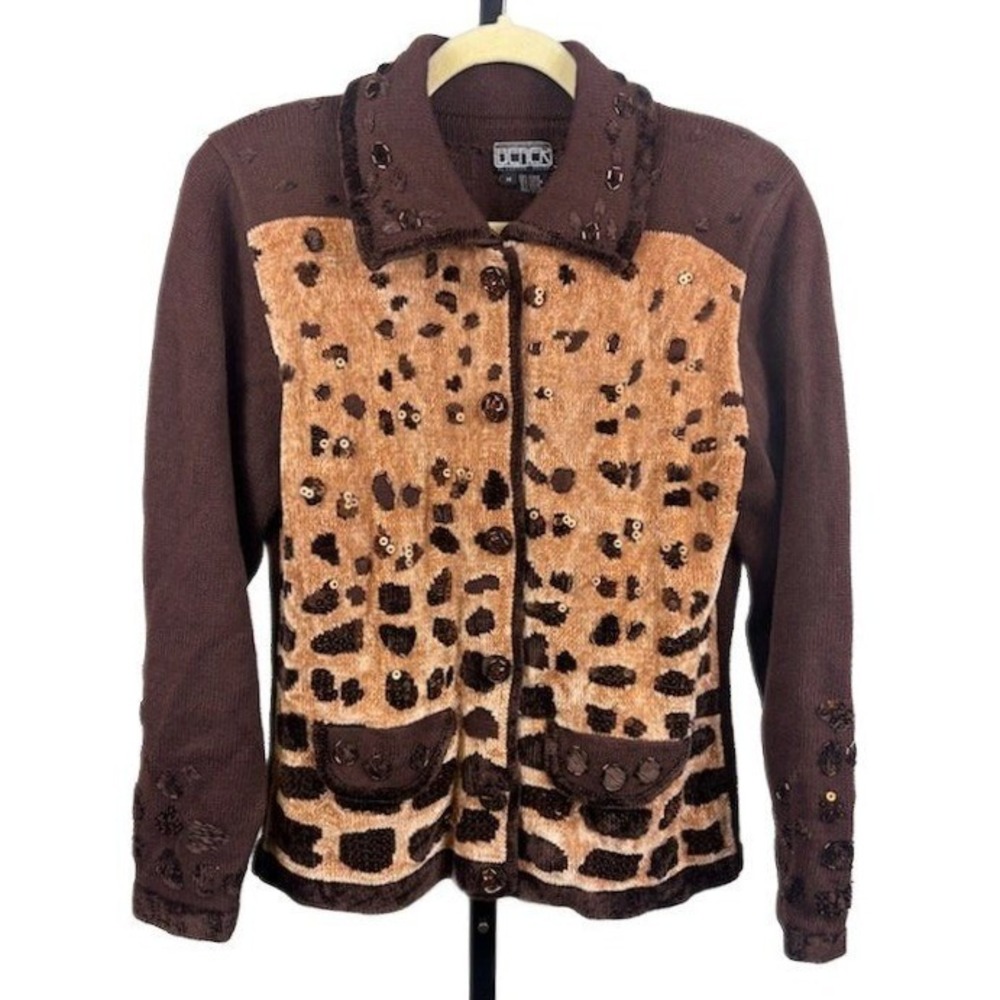Berek‎ Brown Leopard Sequin Embellished Cardigan Sweater Size Medium Y2K Vintage